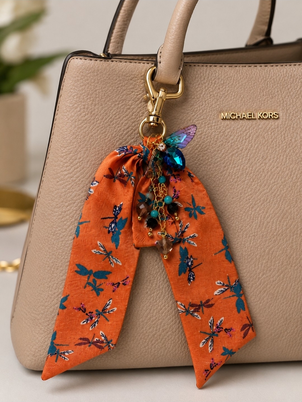 Dragonfly Brooch  Bag Charm with Orange Dragonfly Scarf